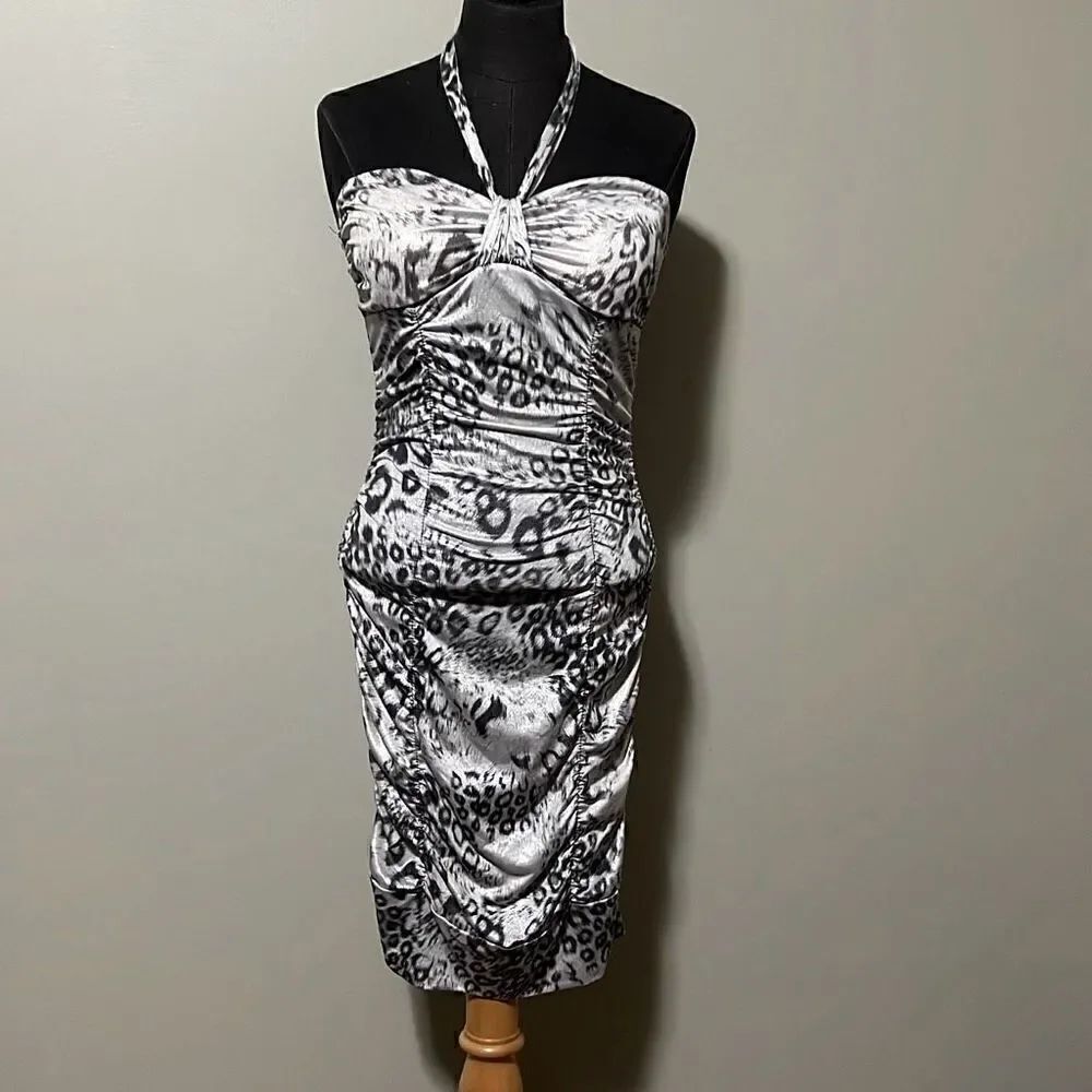 Taboo Women's Gray Animal Print Ruched Halter Stretch Bodycon Dress Small